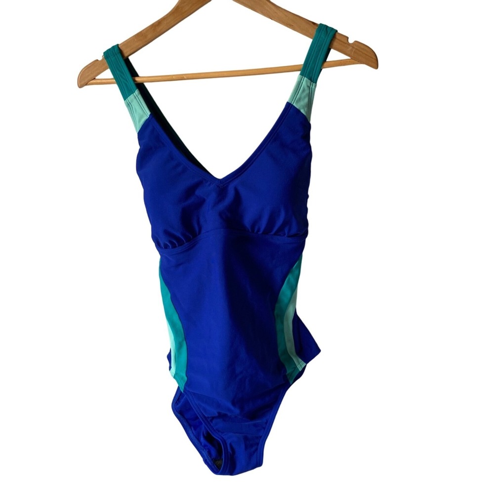 Lands End Womens Blue Colorblock One Piece Swimsuit Crisscross‎ Back 10P Petite